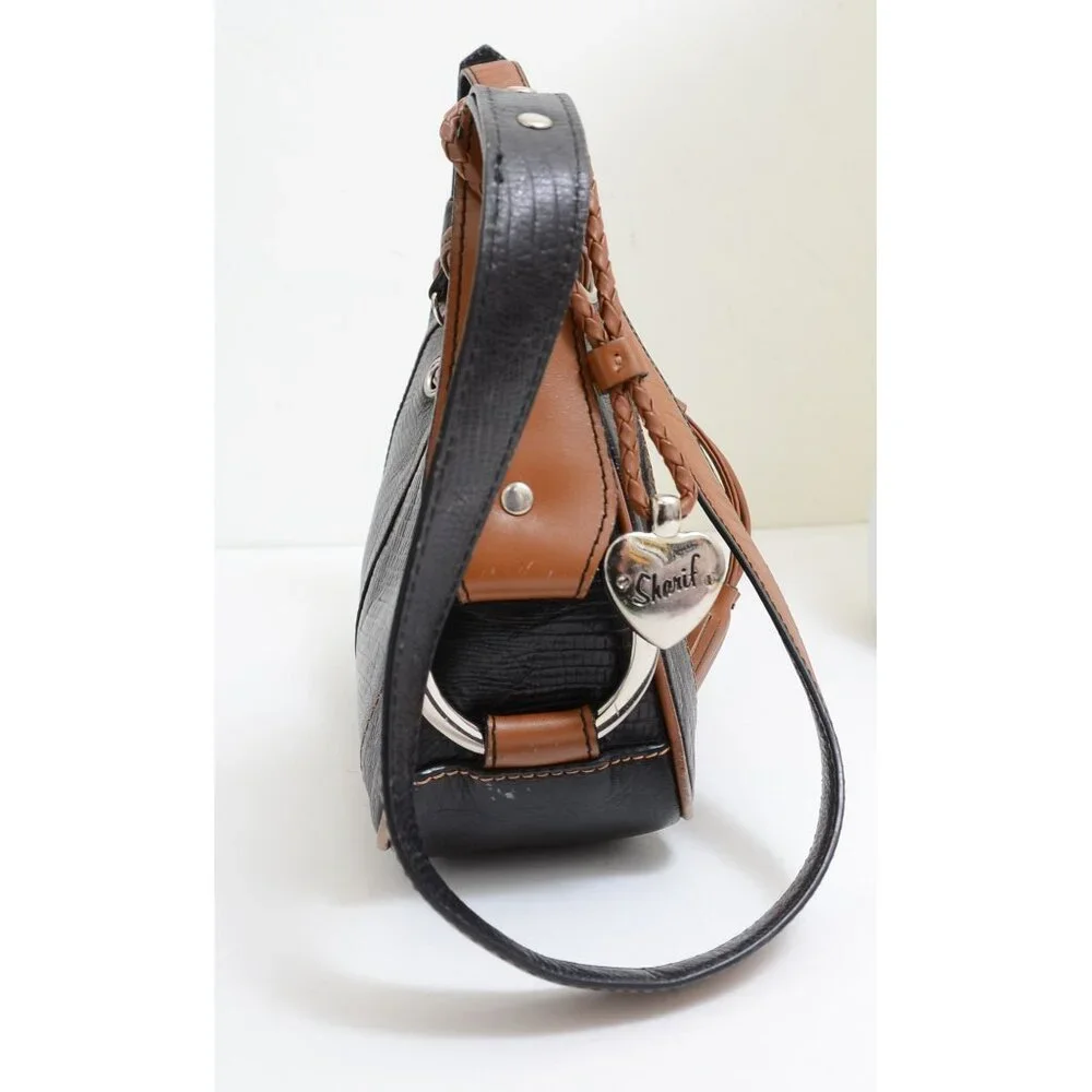 Sharif Studio Black Textured Leather Fringe Crossbody Satchel Handbag‎ Purse